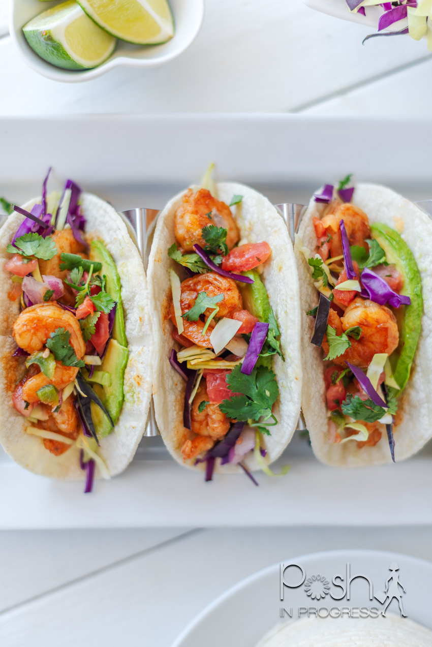 Shrimp Tacos Recipe by popular LA lifestyle blog, Posh in Progress: image of shrimp tacos on a white platter.