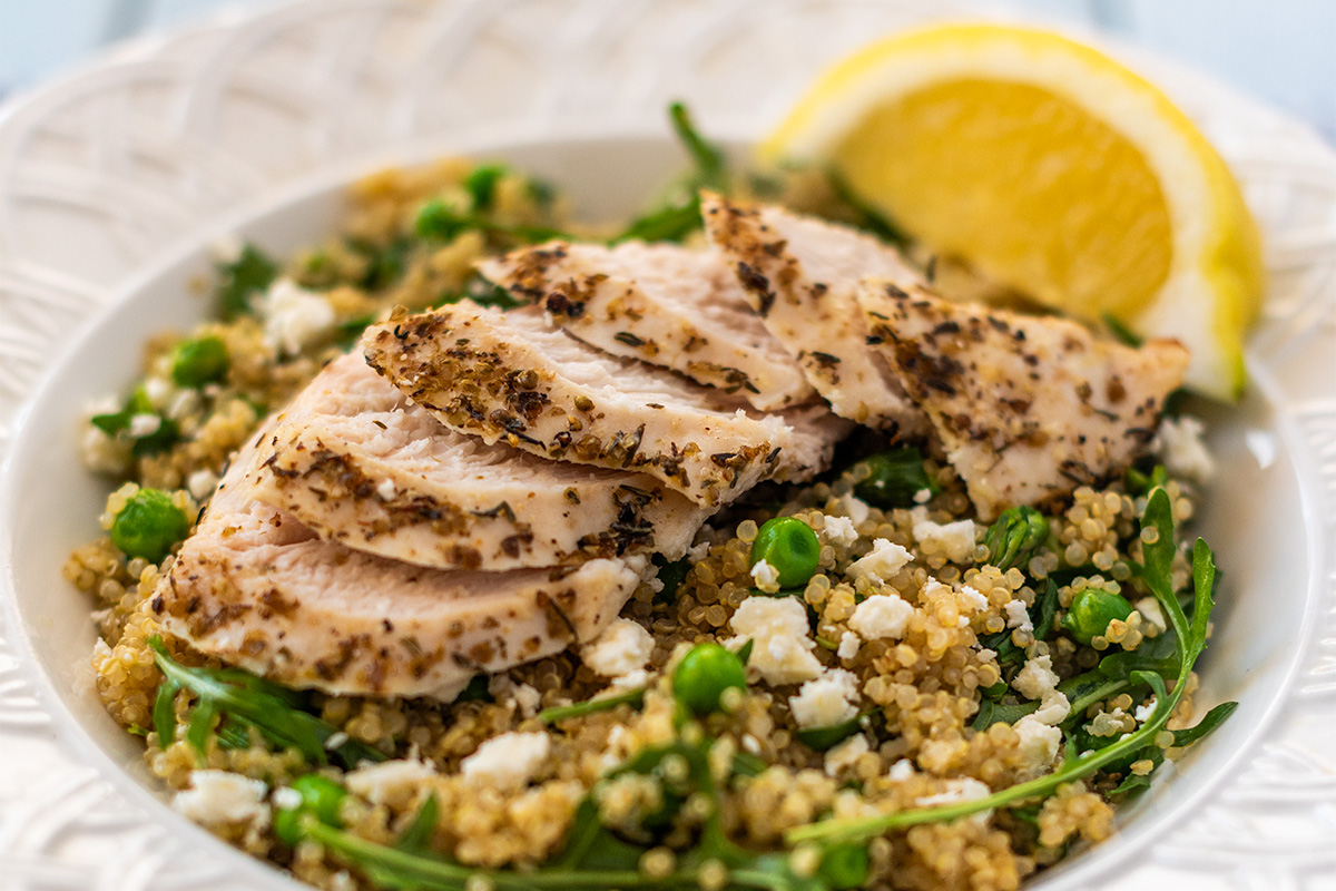 Chicken Quinoa Bowl with Lemon, Feta, and Spring Vegetables
