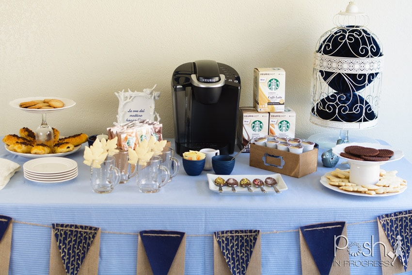 Italian-inspired coffee party tablescape with pastries and coffee cups