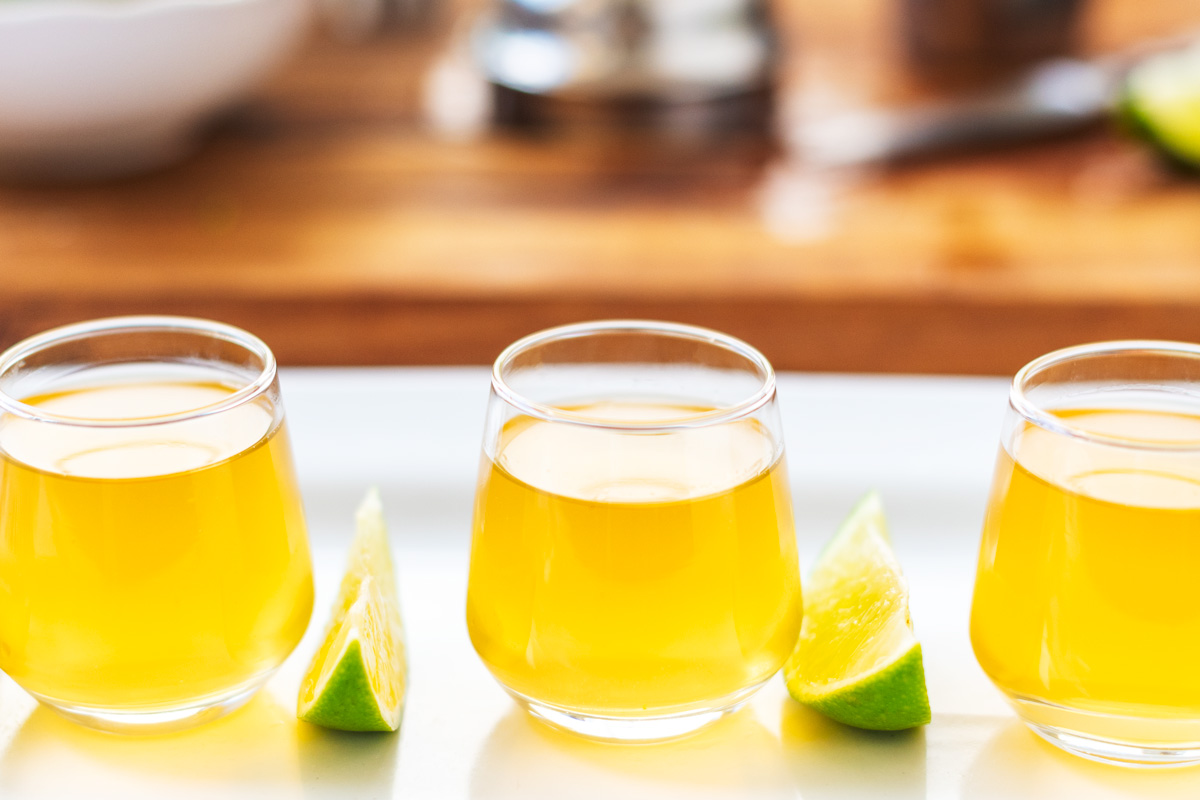 Green tea shot cocktail made with whiskey and peach schnapps