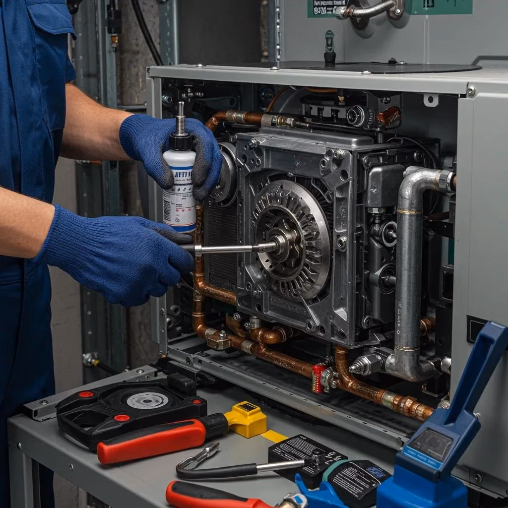 Technician lubricating HVAC system components to enhance energy efficiency and longevity