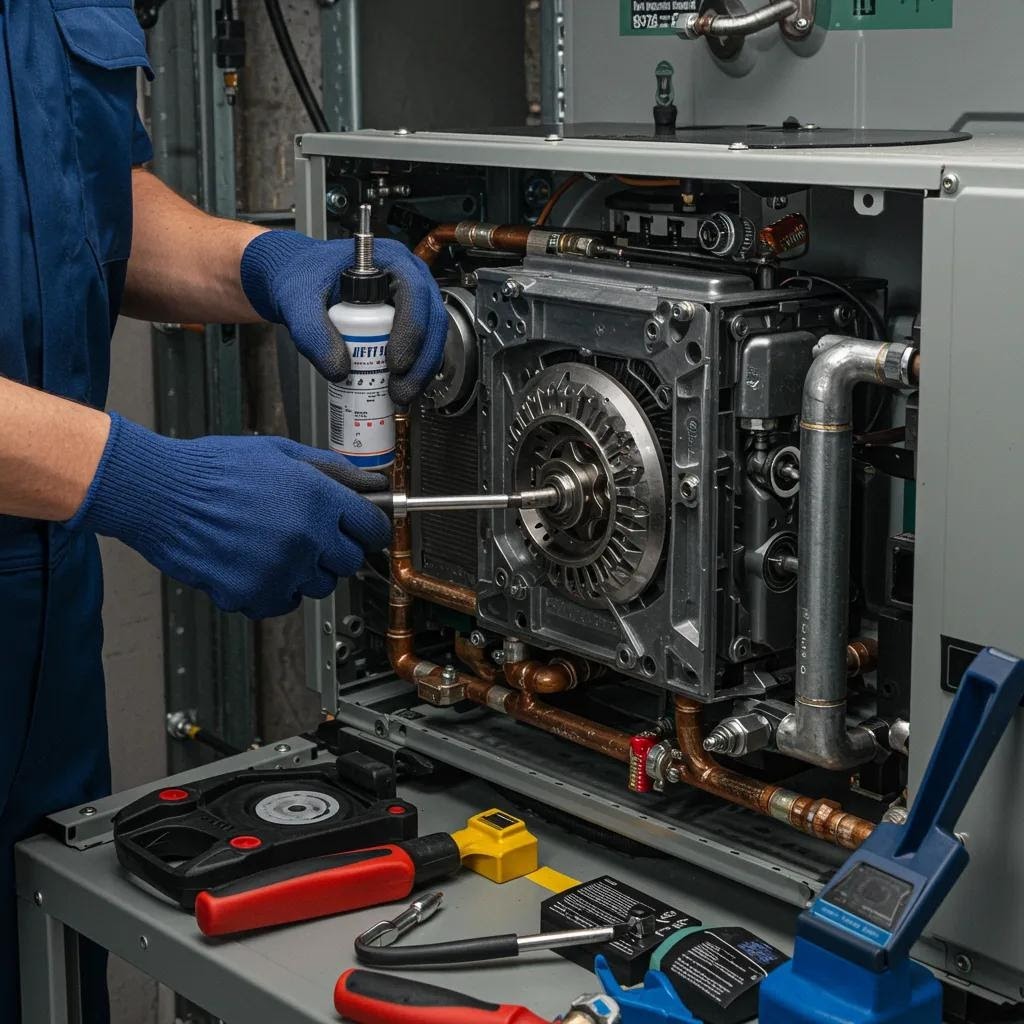 Technician lubricating HVAC system components to enhance energy efficiency and longevity