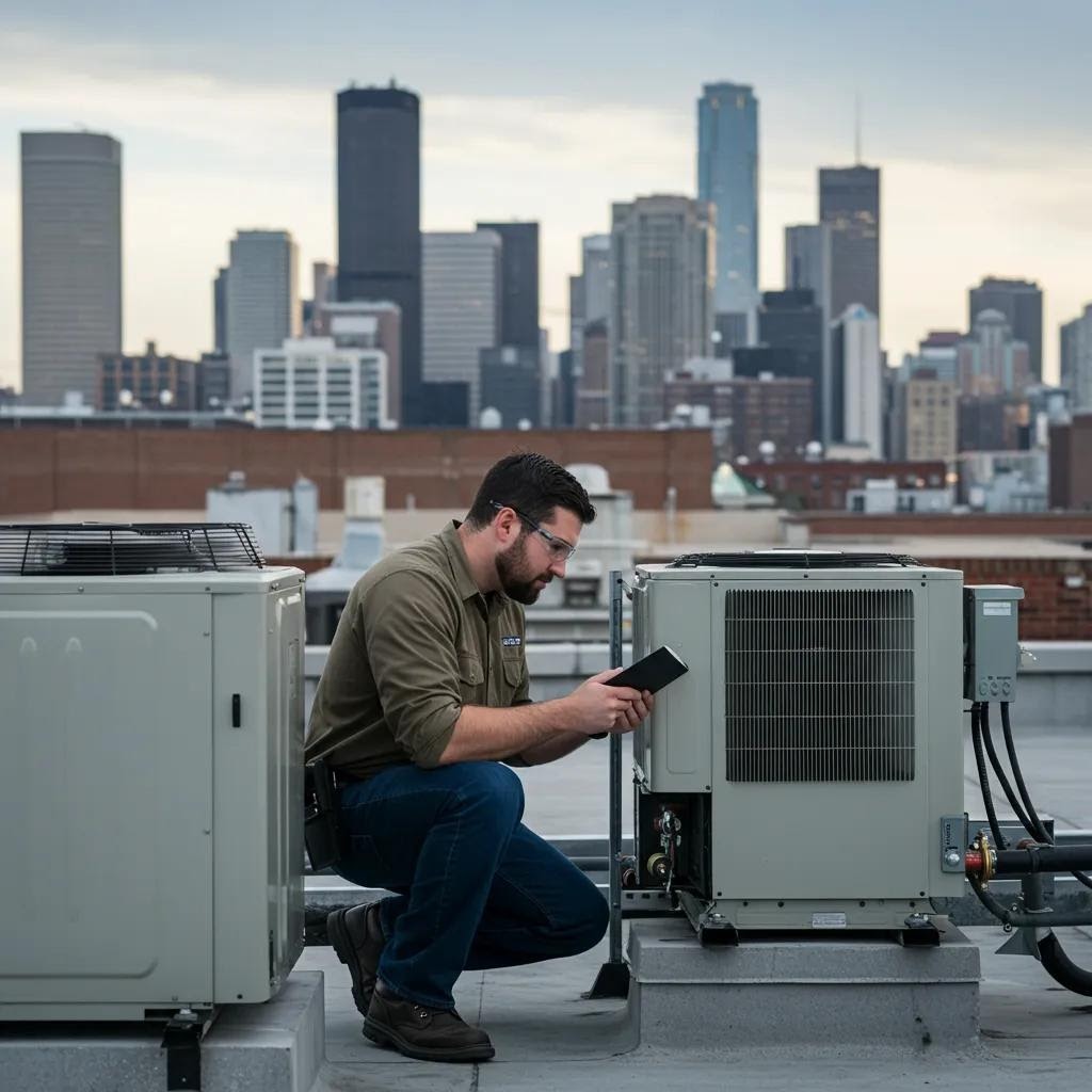 Commercial HVAC technician inspecting rooftop unit, illustrating benefits of maintenance for businesses