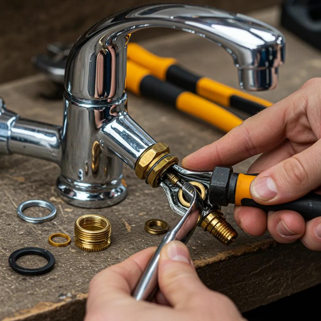 Close-up of a plumber's hands repairing a faucet, highlighting tools and parts used in the process