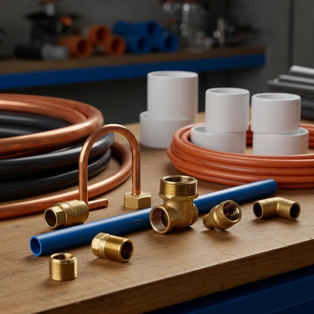 Variety of plumbing materials including copper, PEX, and PVC pipes displayed on a workbench
