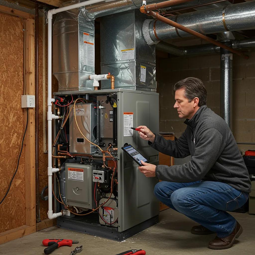 Homeowner troubleshooting a furnace in a basement, inspecting components for heating issues