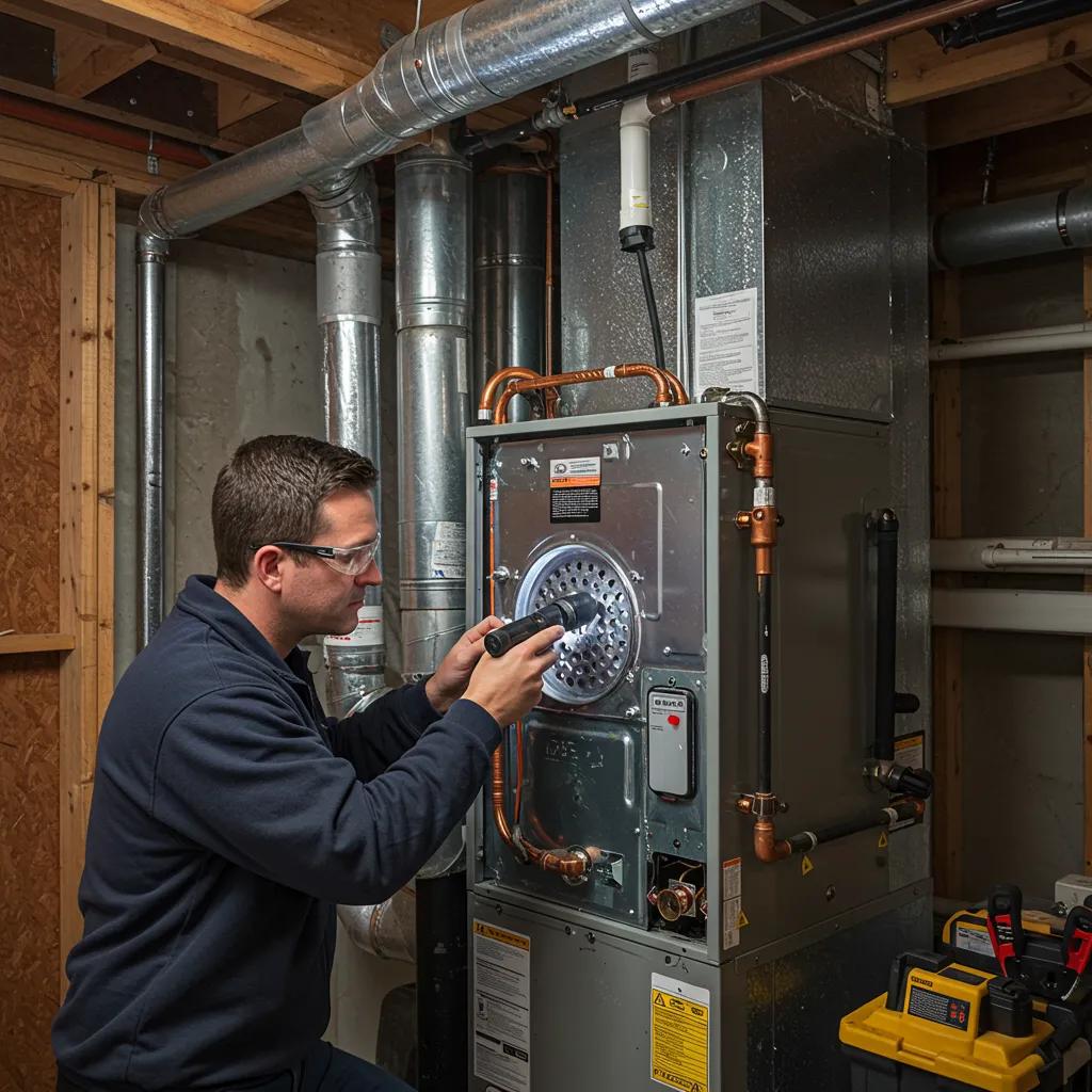 Technician inspecting a furnace for maintenance in a residential basement