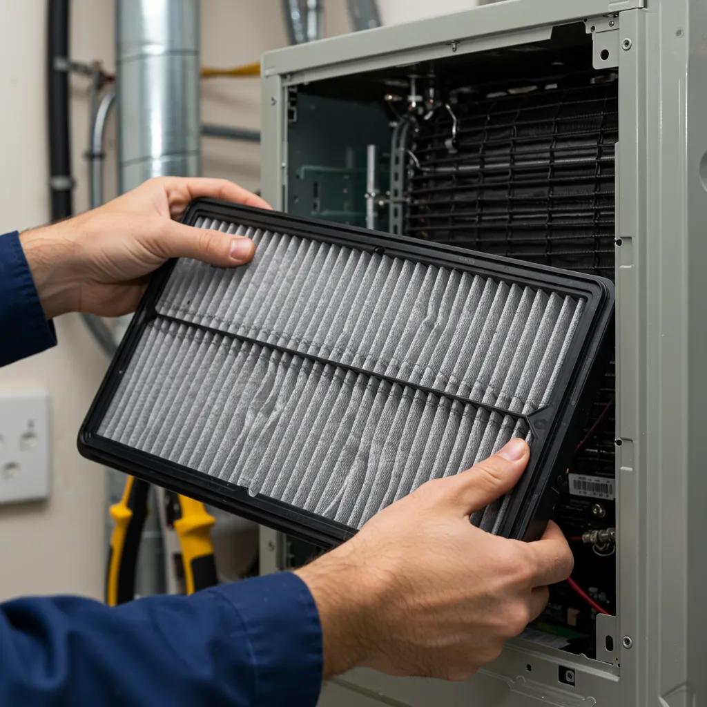 Technician replacing an air filter in an HVAC system during spring maintenance