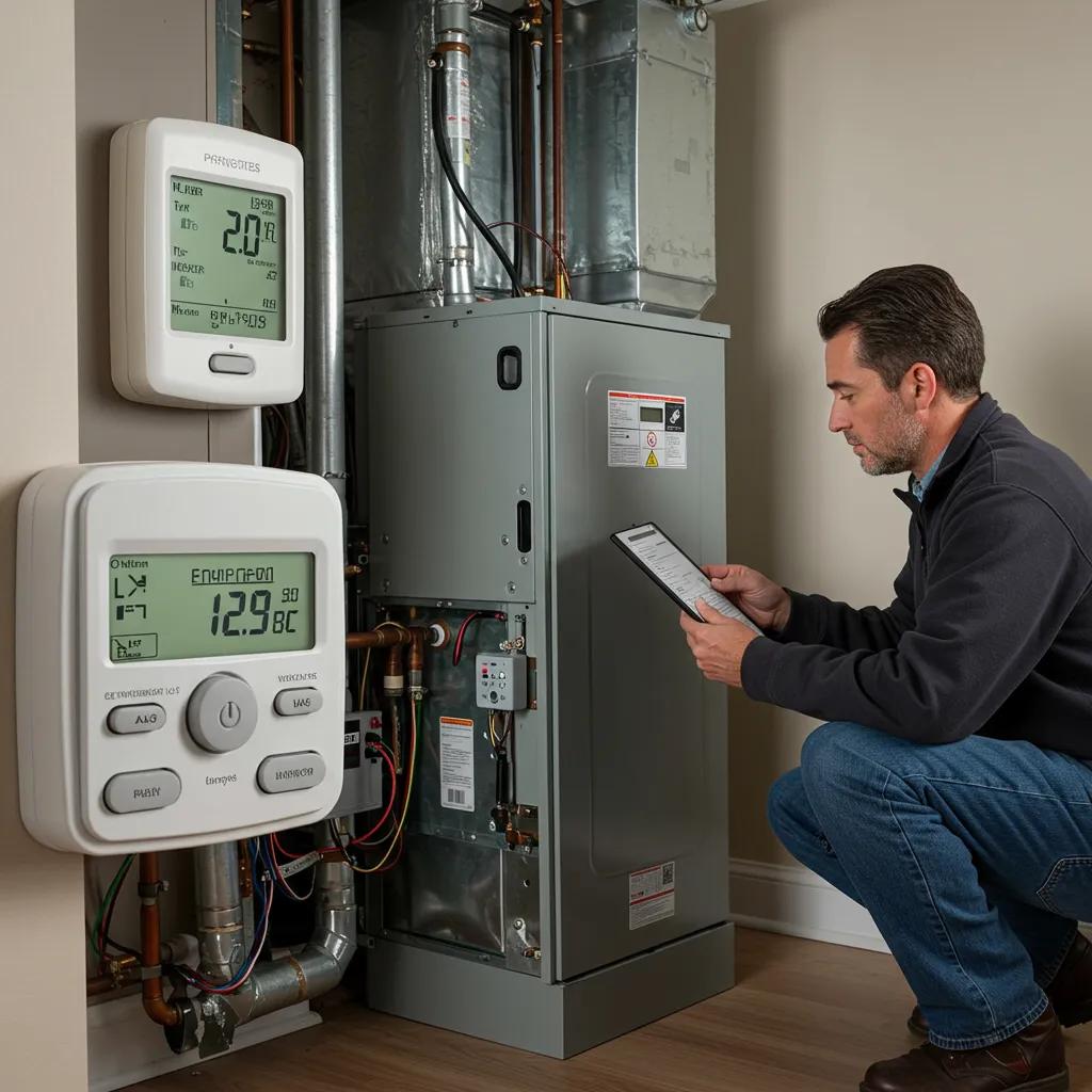 Technician inspecting HVAC system for emergency signs in a residential environment