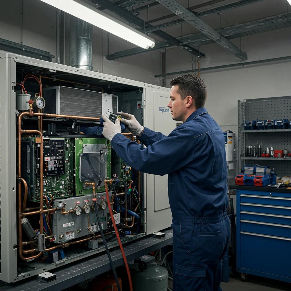Technician performing preventive maintenance on an HVAC system in a workshop