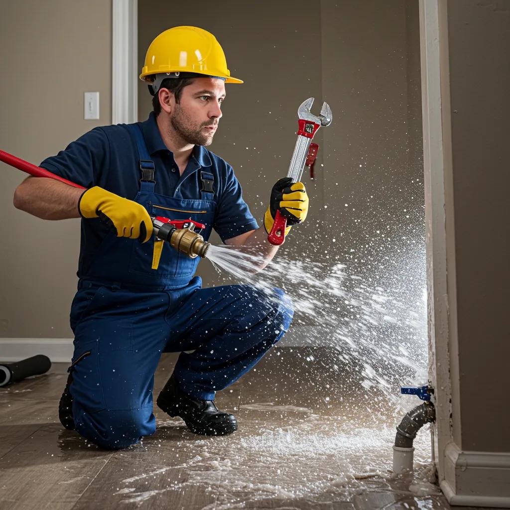 Plumber responding to a burst pipe emergency, highlighting urgency and professional service