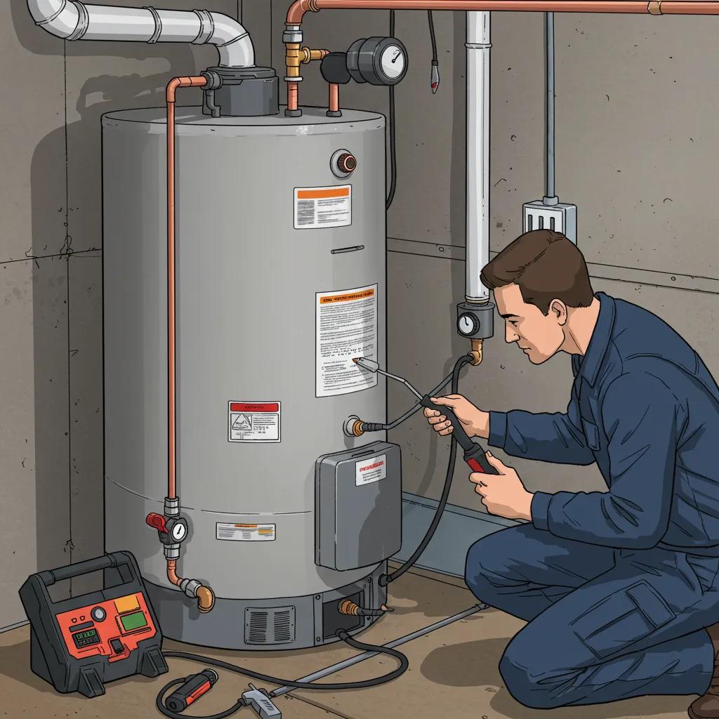 Technician performing maintenance on a traditional water heater in a utility area