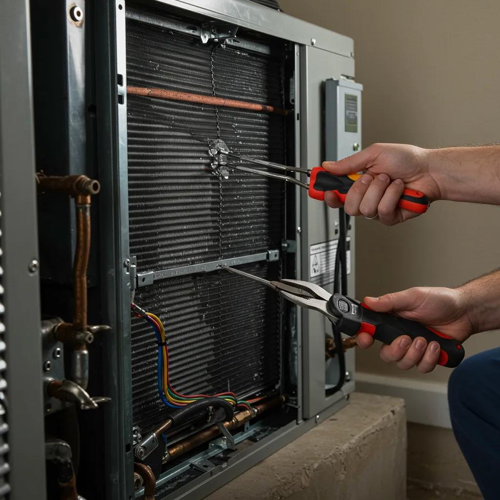 Technician inspecting an HVAC system showing signs of distress
