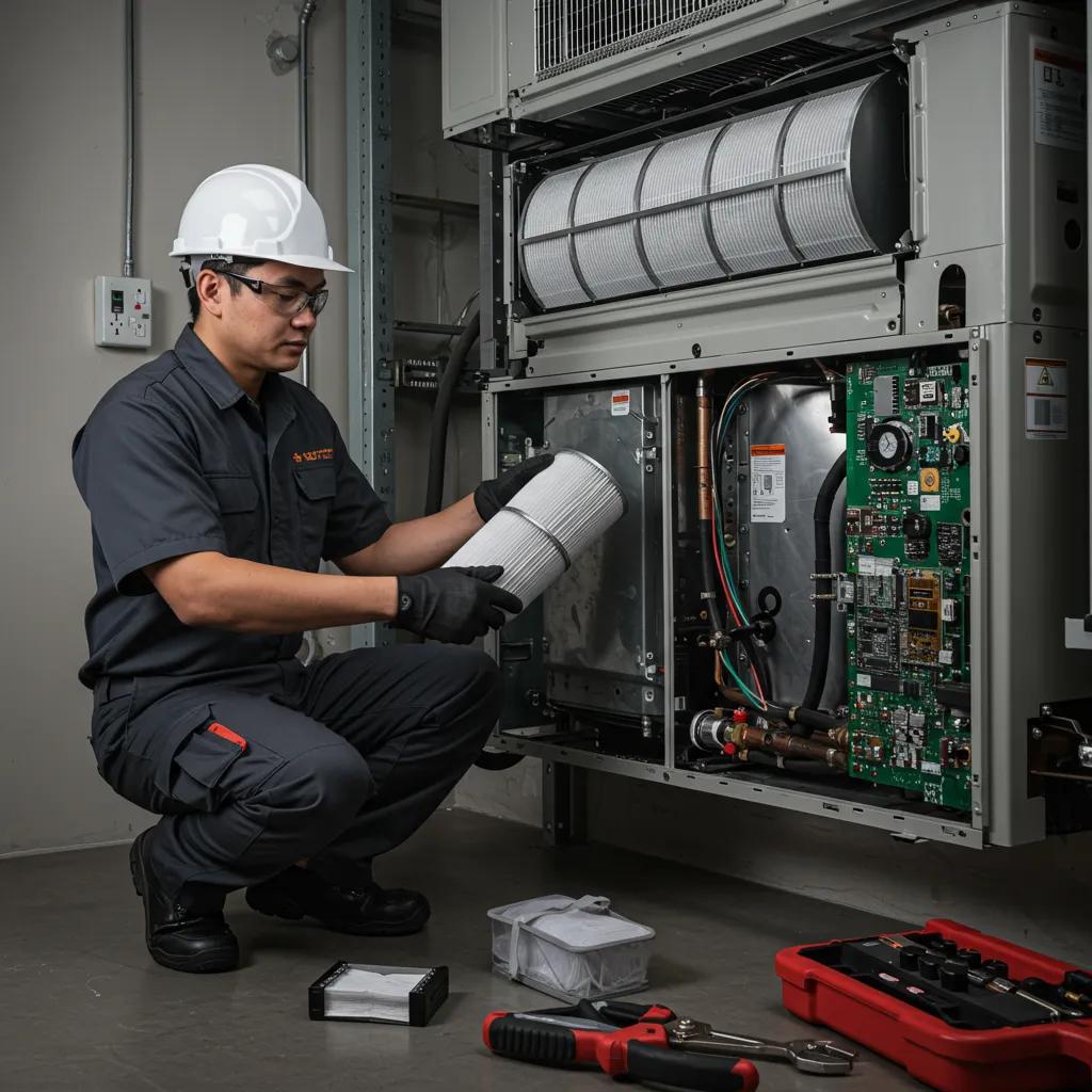 Technician performing preventative maintenance on an HVAC system