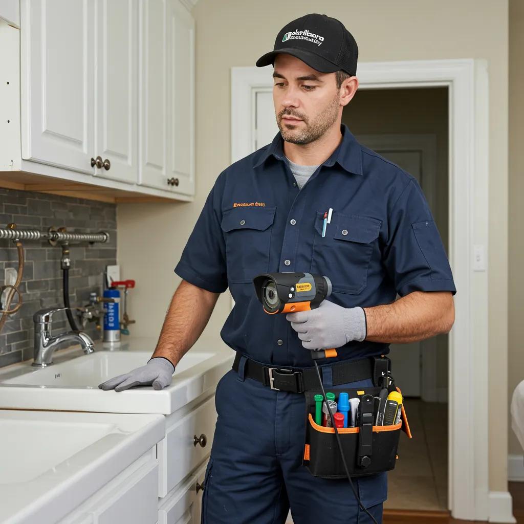 Professional plumber diagnosing noisy pipes with advanced equipment