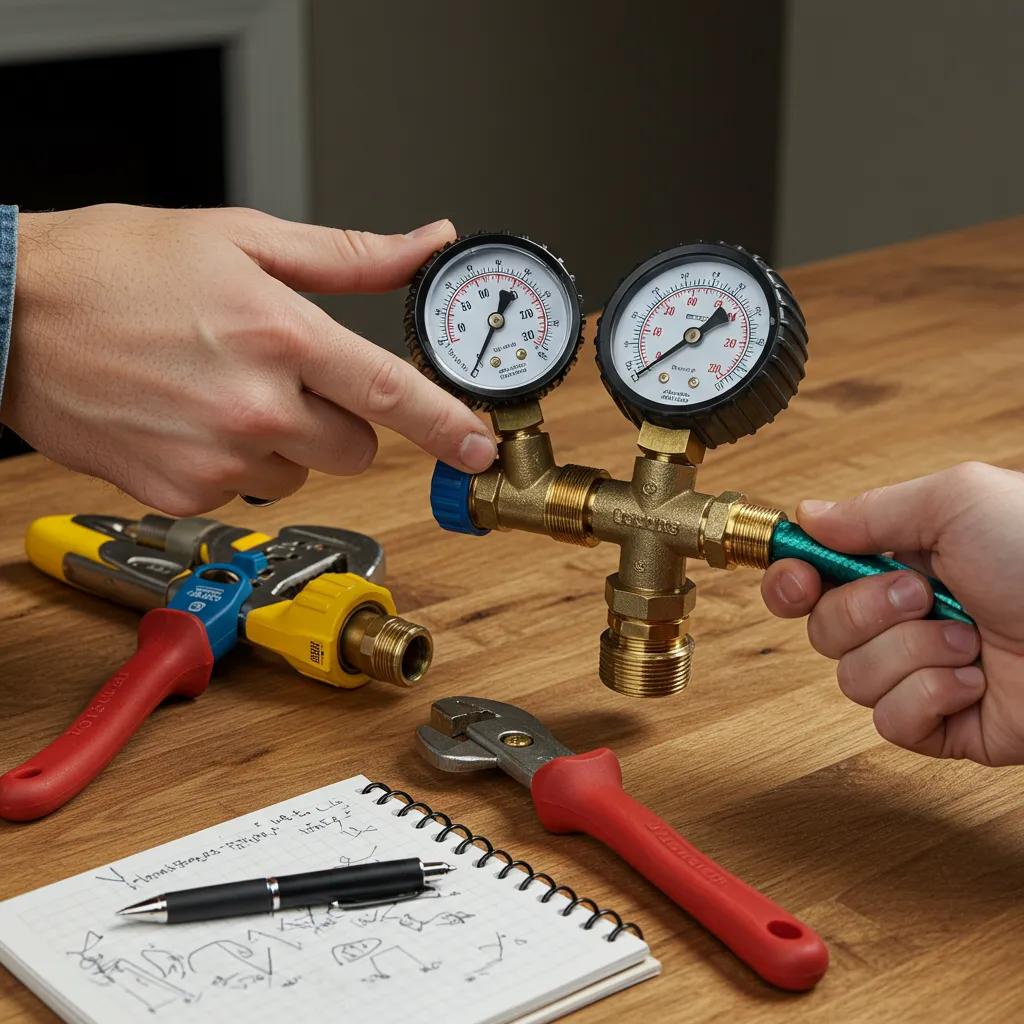 Homeowner diagnosing plumbing noises using a pressure gauge