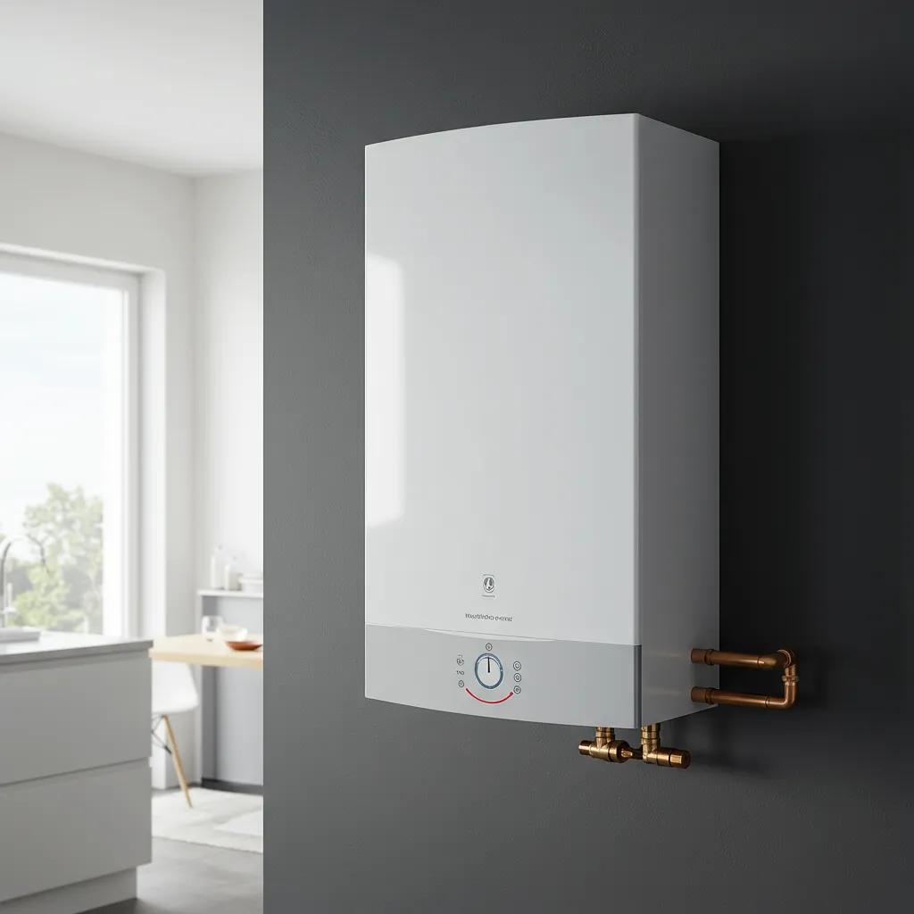 Tankless water heater mounted on a wall in a modern kitchen setting
