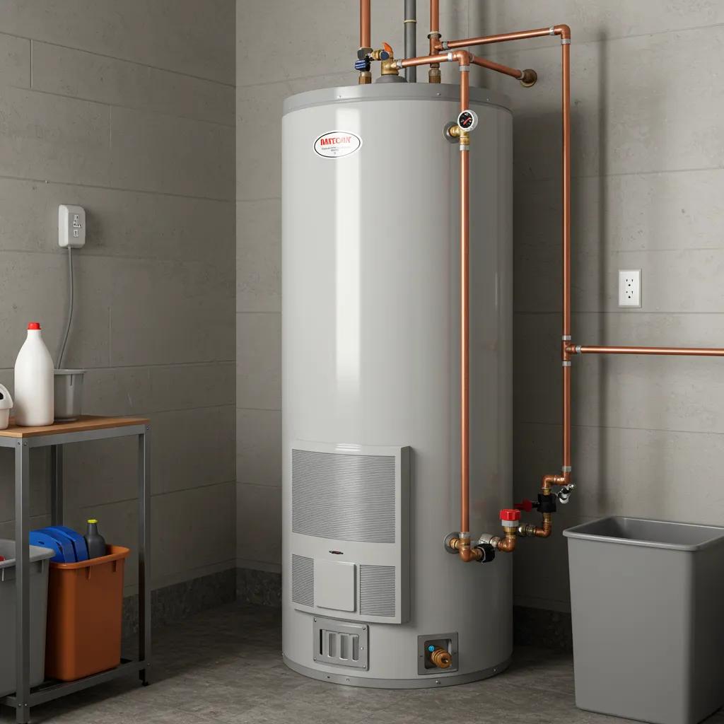 Traditional storage tank water heater with visible components in a utility room