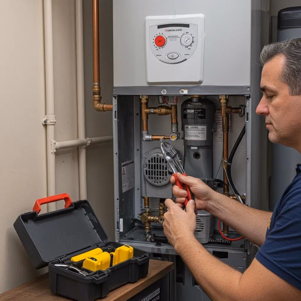 Technician performing maintenance on a tankless water heater