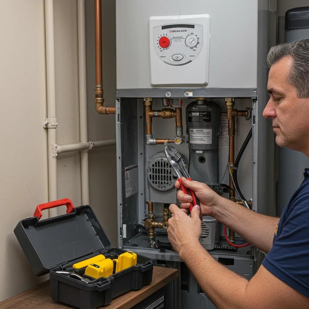 Technician performing maintenance on a tankless water heater