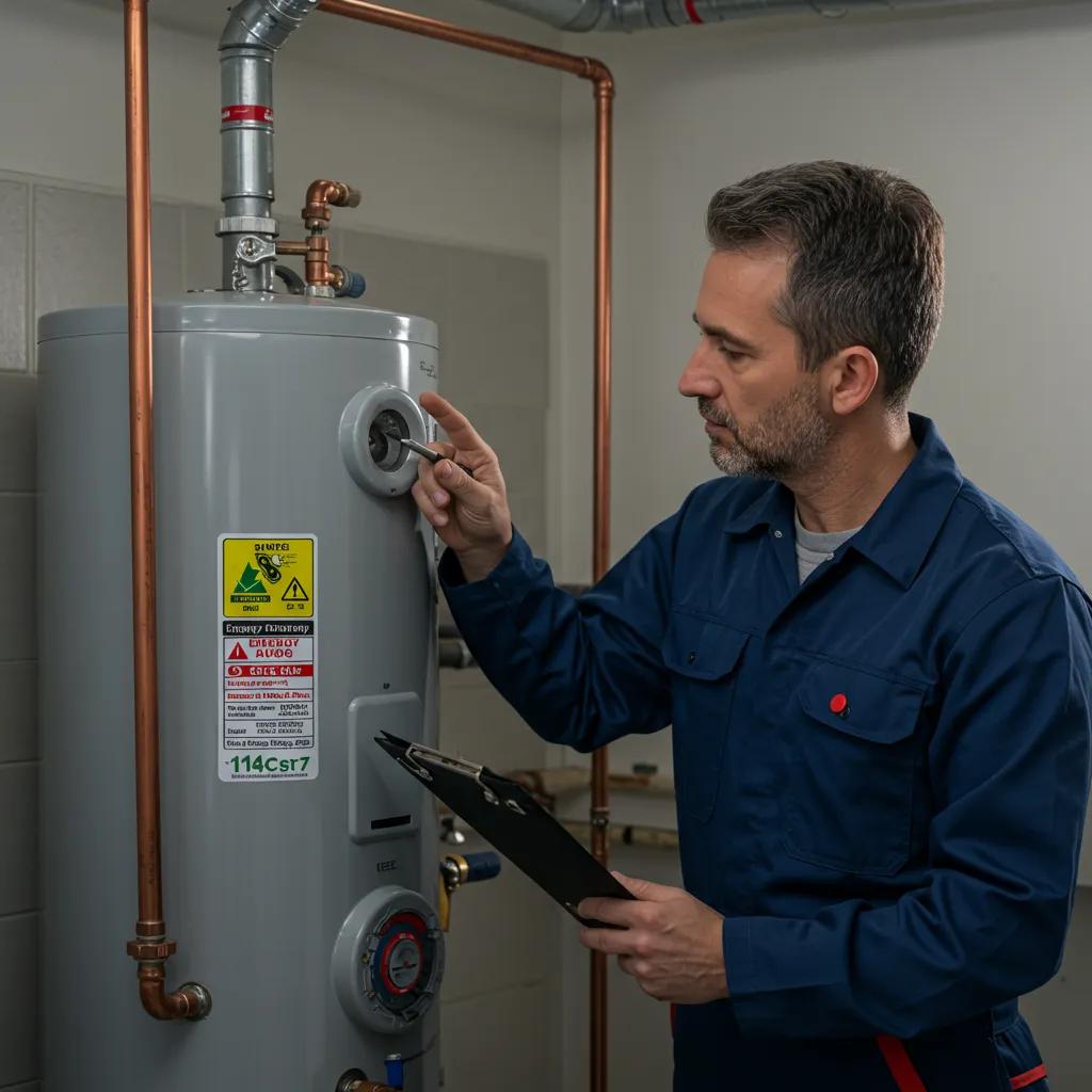 Technician inspecting water heater for energy efficiency improvements