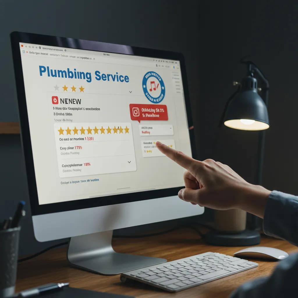 Close-up of a computer screen showing positive online reviews for plumbing services, highlighting trust and credibility