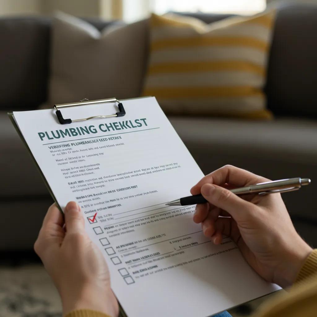 Homeowner reviewing a checklist for verifying plumbing credentials, emphasizing the importance of thorough evaluation