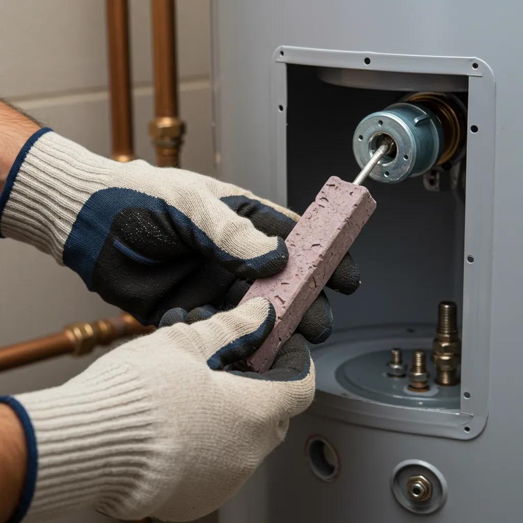 Technician replacing anode rod in a water heater tank