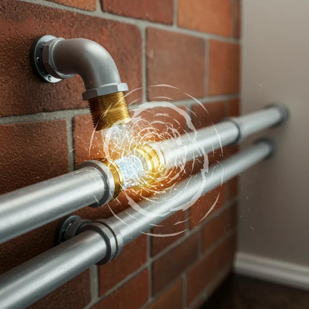 Illustration of water hammer effects on pipes in a home environment
