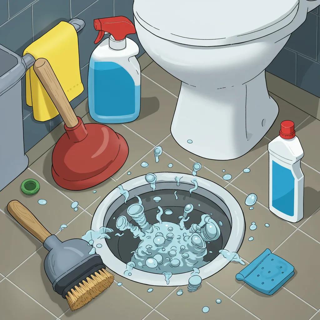 Clogged drain with gurgling water and cleaning supplies in a household setting