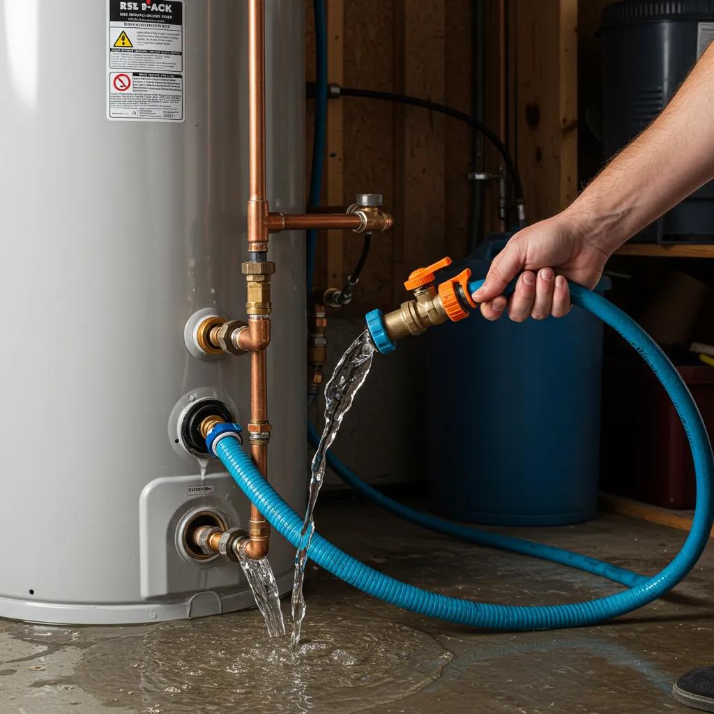 Homeowner flushing a water heater with a garden hose