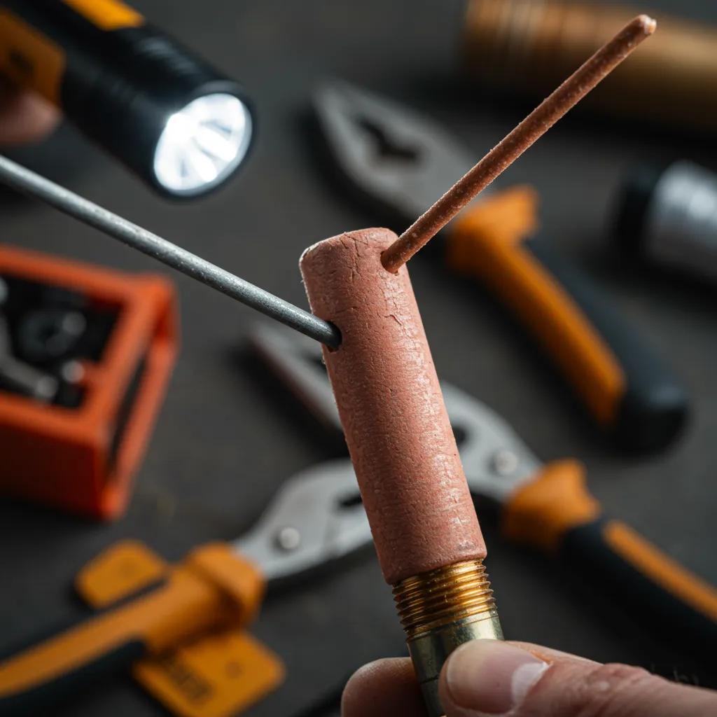 Close-up of an anode rod being inspected with tools