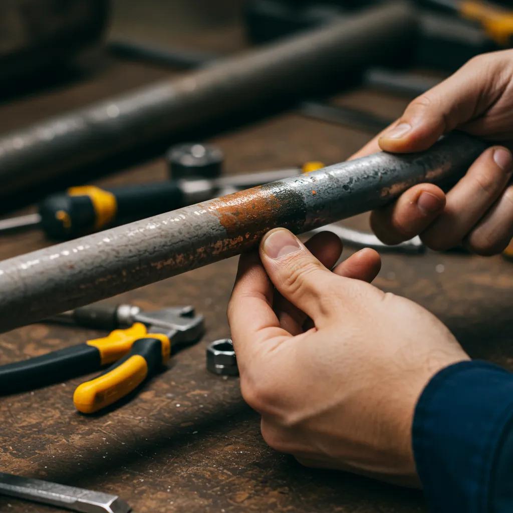 Technician inspecting an anode rod for wear, emphasizing the importance of regular maintenance