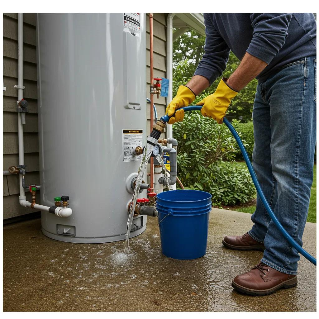 Homeowner flushing a water heater with a garden hose, demonstrating safe maintenance practices