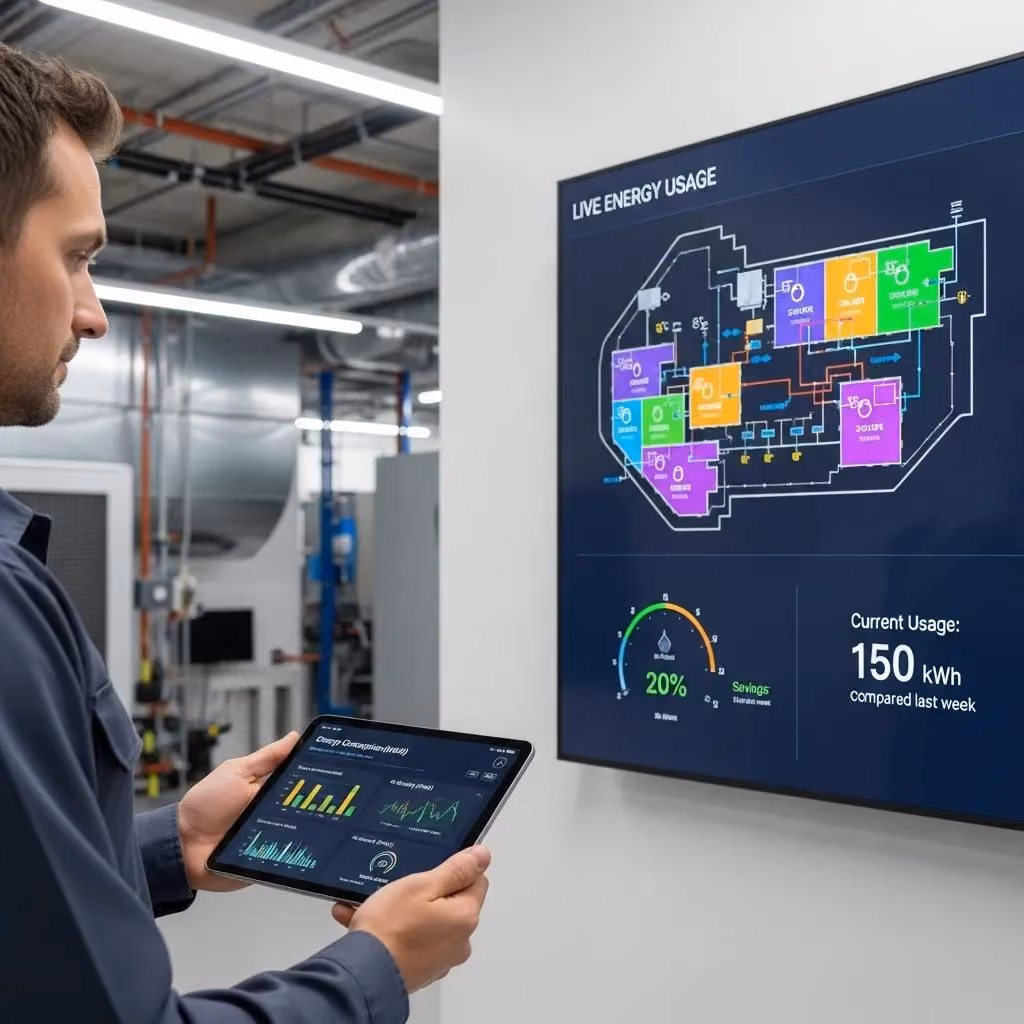 Technician monitoring smart HVAC system with tablet in a commercial building