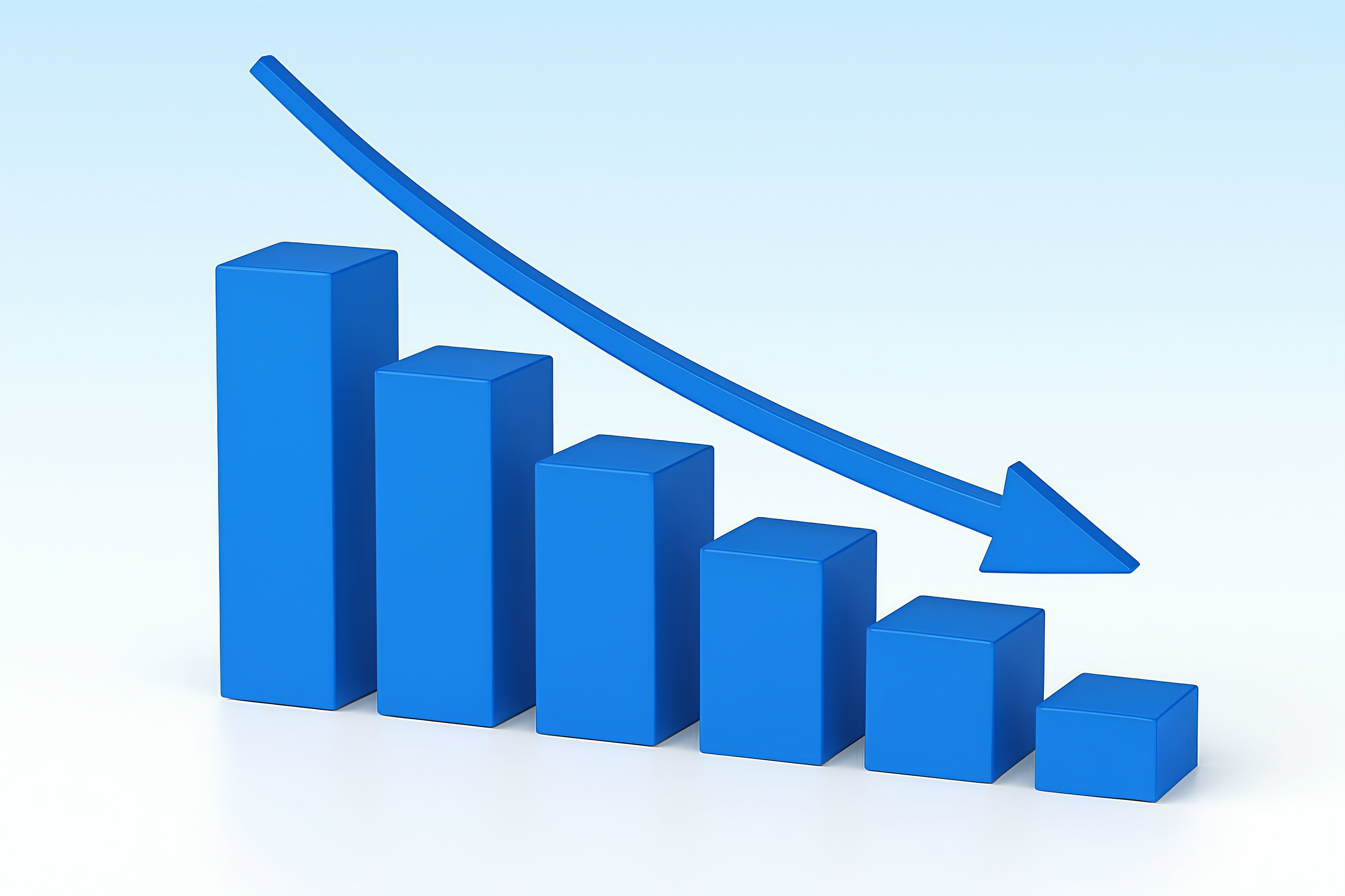 Blue descending bar graph with an arrow, symbolizing cost reduction, optimization, and improved efficiency.