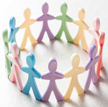 A group of colorful, paper cutout people holding hands in a circle, symbolizing teamwork, community, and the "Get to Know Us!" section.