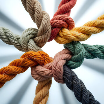 close-up shot of a complex, strong knot tied from multiple strands of thick rope, each a different color, representing the unity and strength in "Be a Part of Our Purpose."