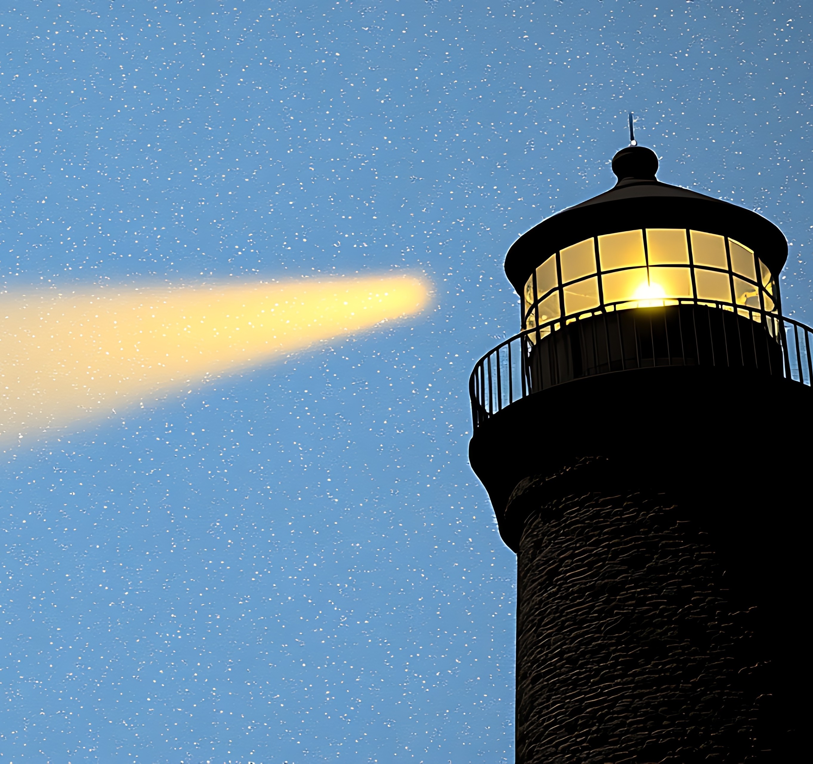A close-up shot of the top of a dark lighthouse tower. A powerful, bright yellow beam of light shines out from its lamp, cutting across a clear blue sky and symbolizing a "future in motion" for 2025.