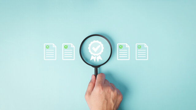 A magnifying glass hovers over a framed certification document icon, flanked by other document icons, symbolizing the "Certification Pathways" for learning.