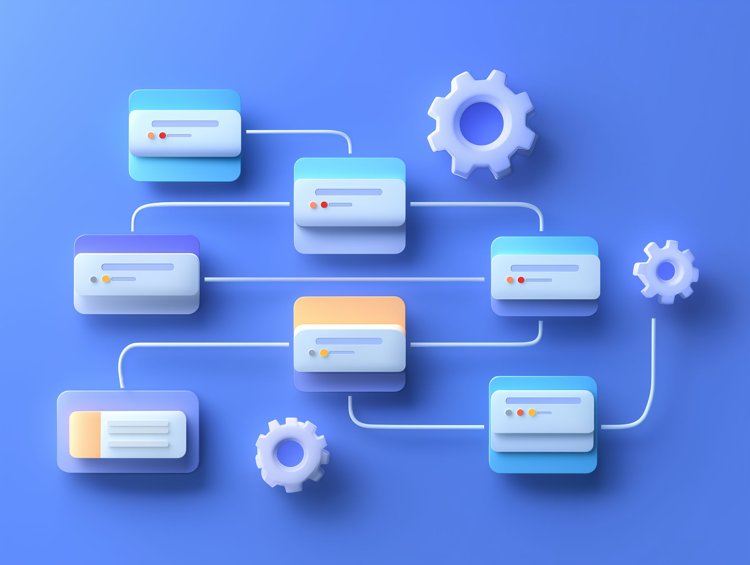 A blue digital flowchart diagram with interconnected modules and a gear icon, illustrating the concept of building expertise within the SAP ecosystem.