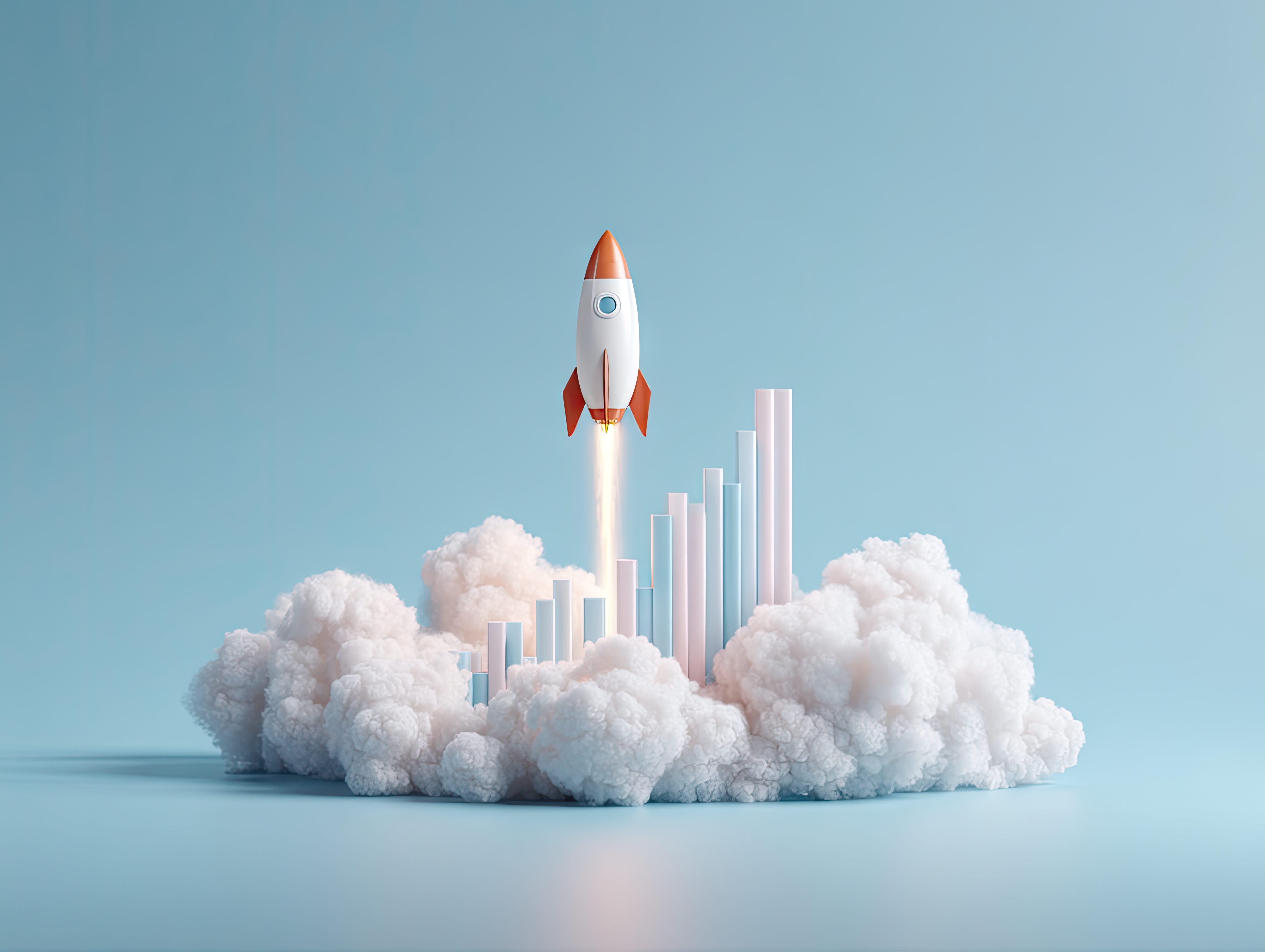 A white and red toy rocket is shown launching from a platform amidst stylized clouds and digital bar graphs, representing "Innovation & Launchpad Labs."