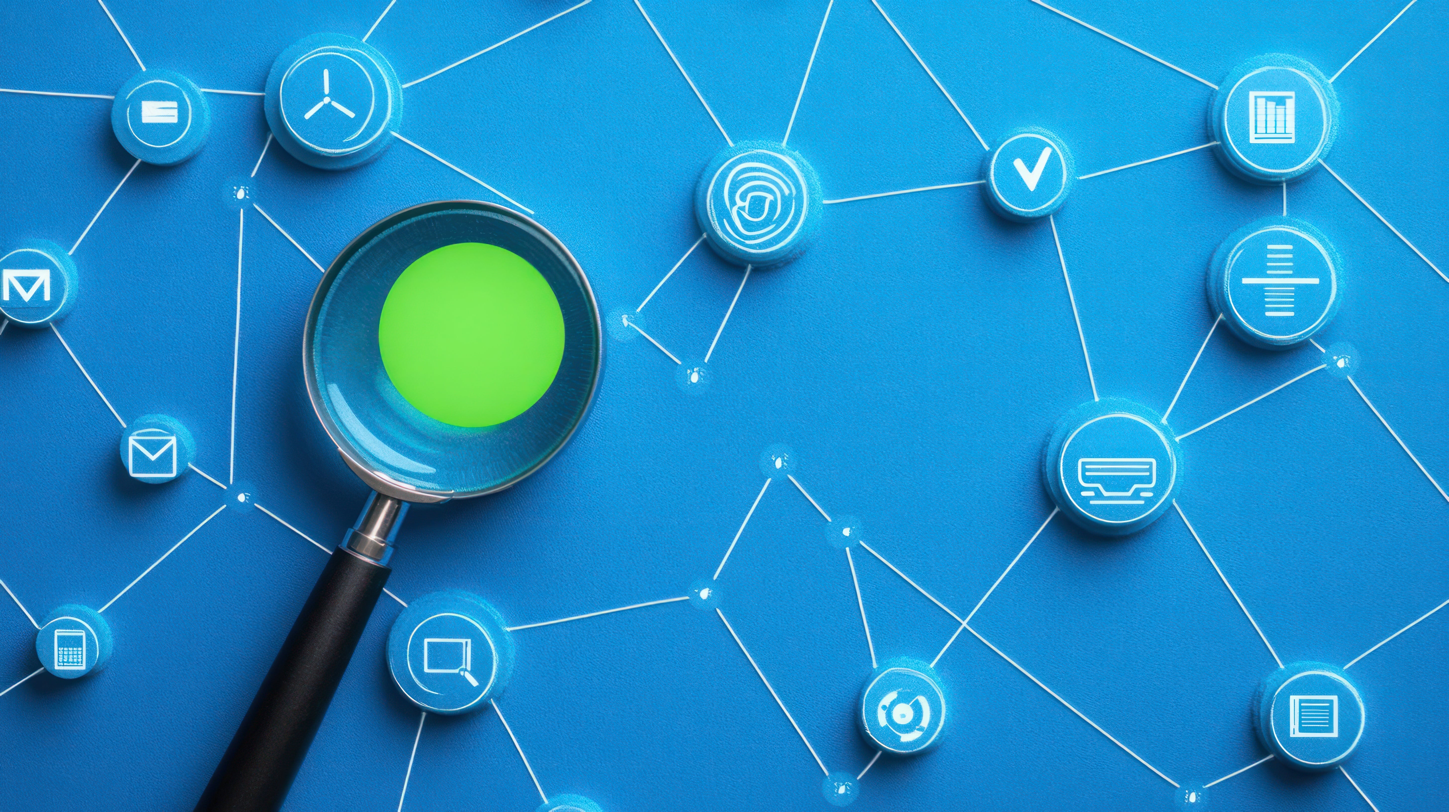 Magnifying glass analyzing SAP financial data with icons depicting analytics, variance, and audit precision.