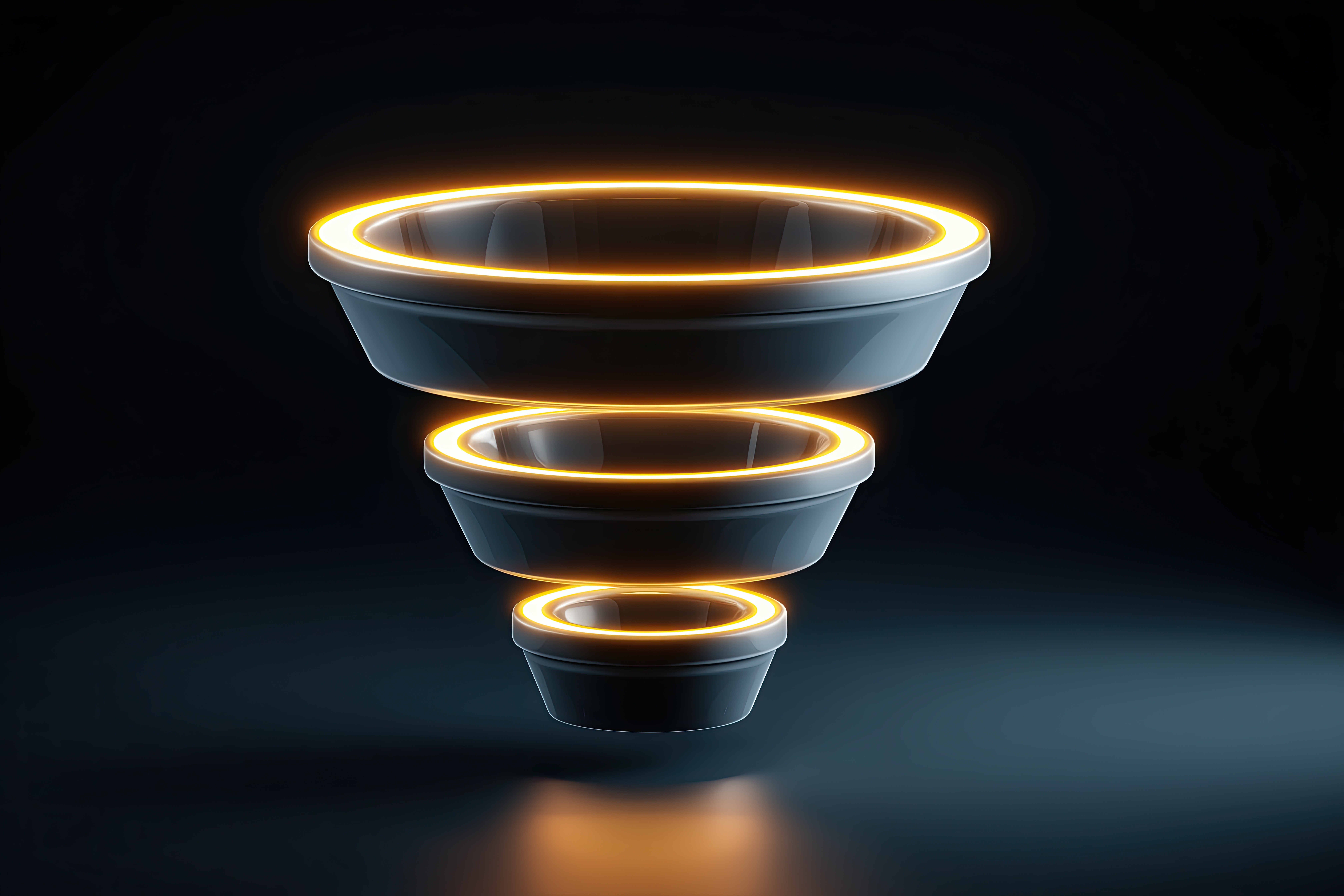 An abstract image of a digital, glowing orange funnel, descending through several stages, which represents workforce growth solutions and scalable staffing.