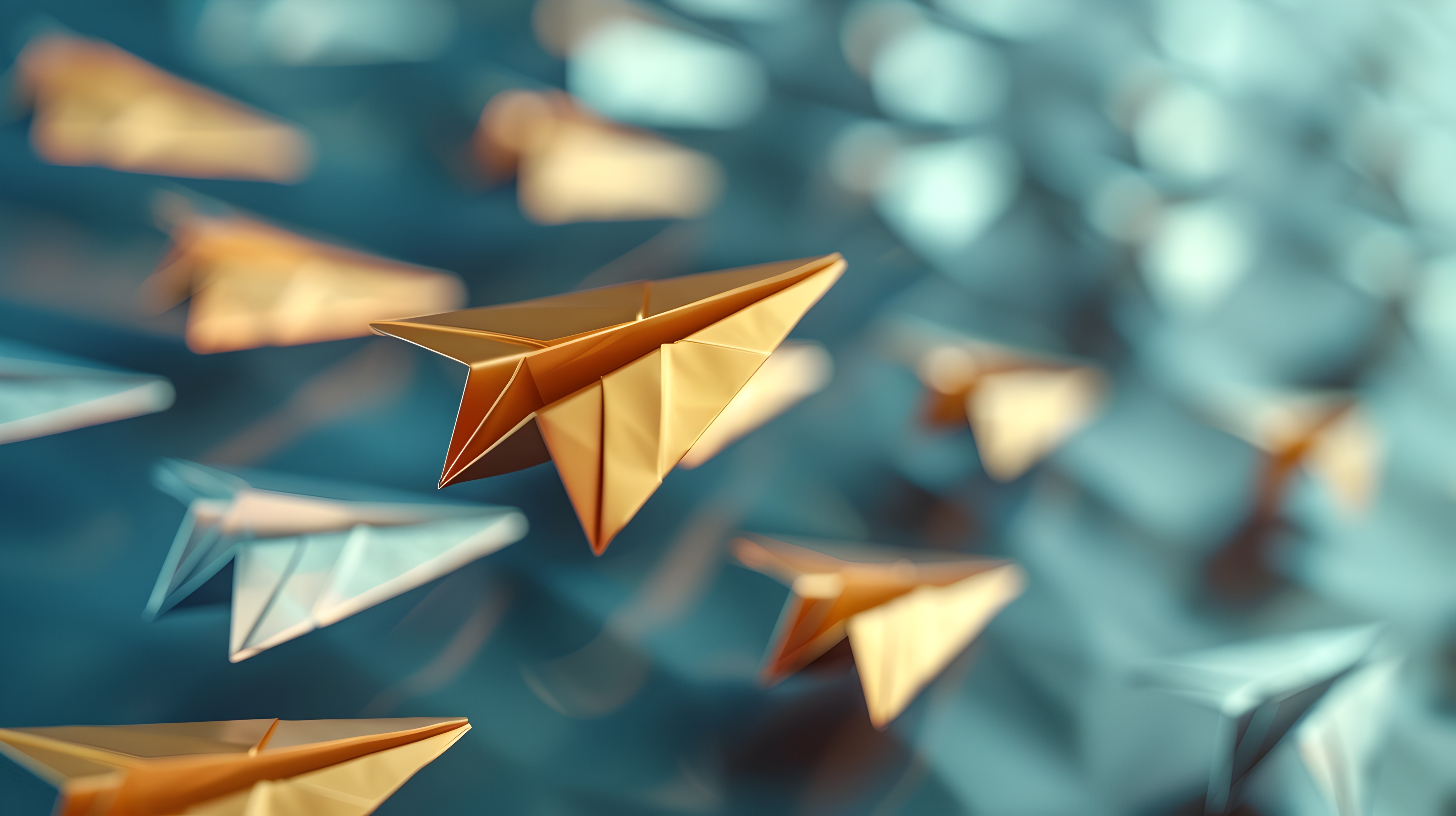 A fleet of golden and blue paper airplanes flies in formation upwards and to the right, symbolizing leadership, innovation, and capability building.