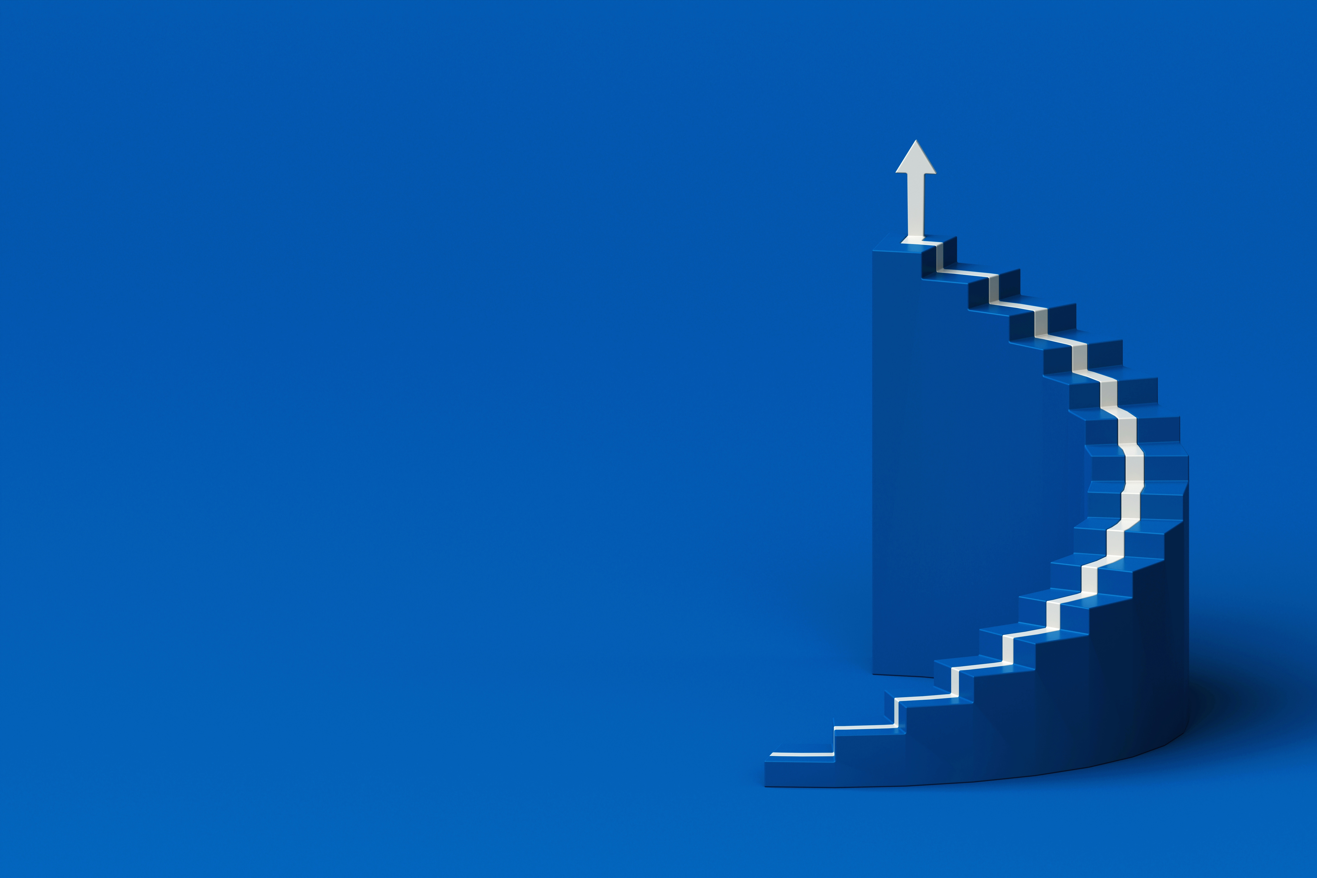 A digital, glowing blue staircase ascending against a dark background, symbolizing the journey of business growth through the MIT AI and ML program.