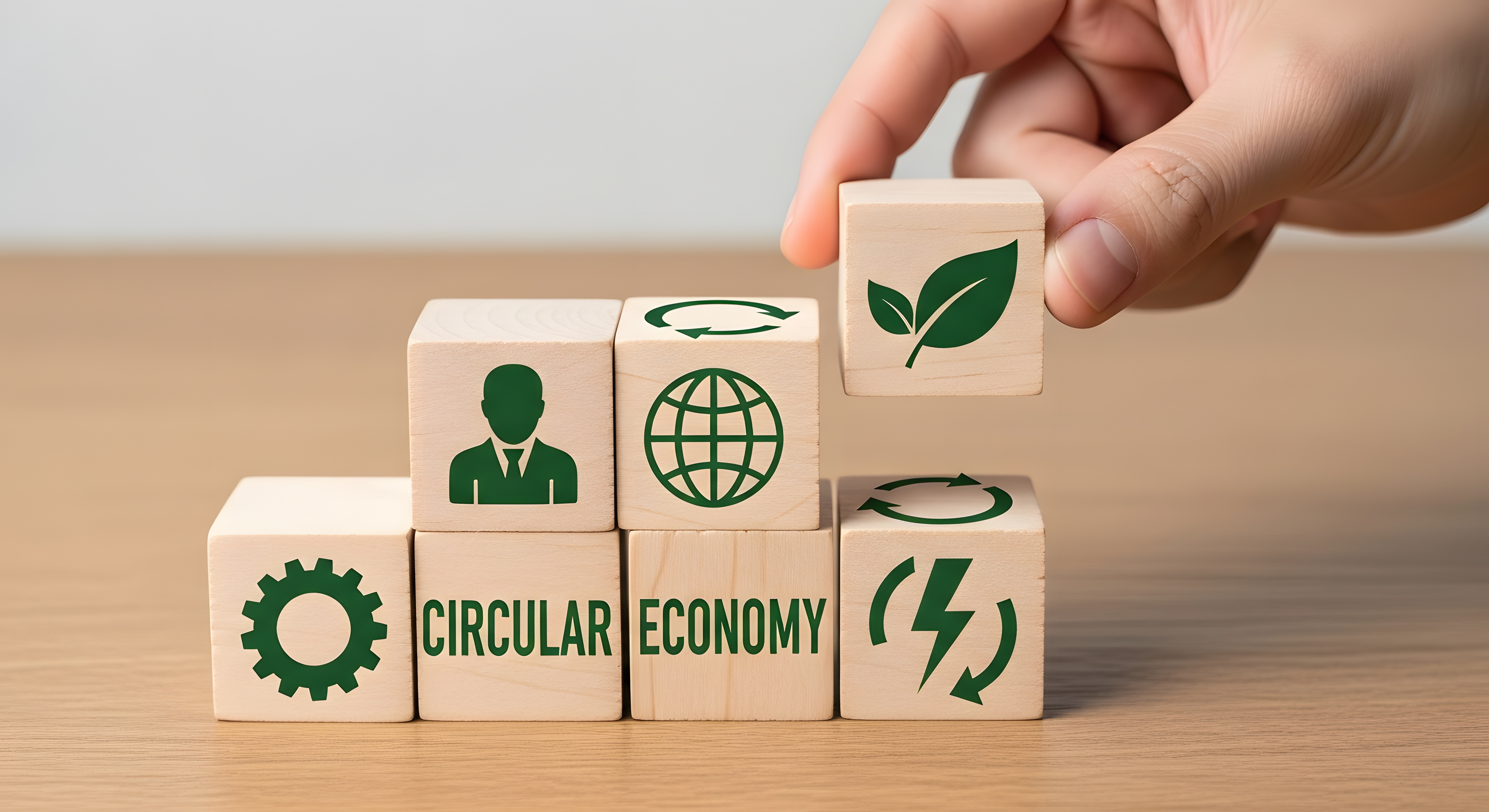Hand placing a wooden block with a green leaf icon beside blocks representing circular economy, sustainability, and global business impact.