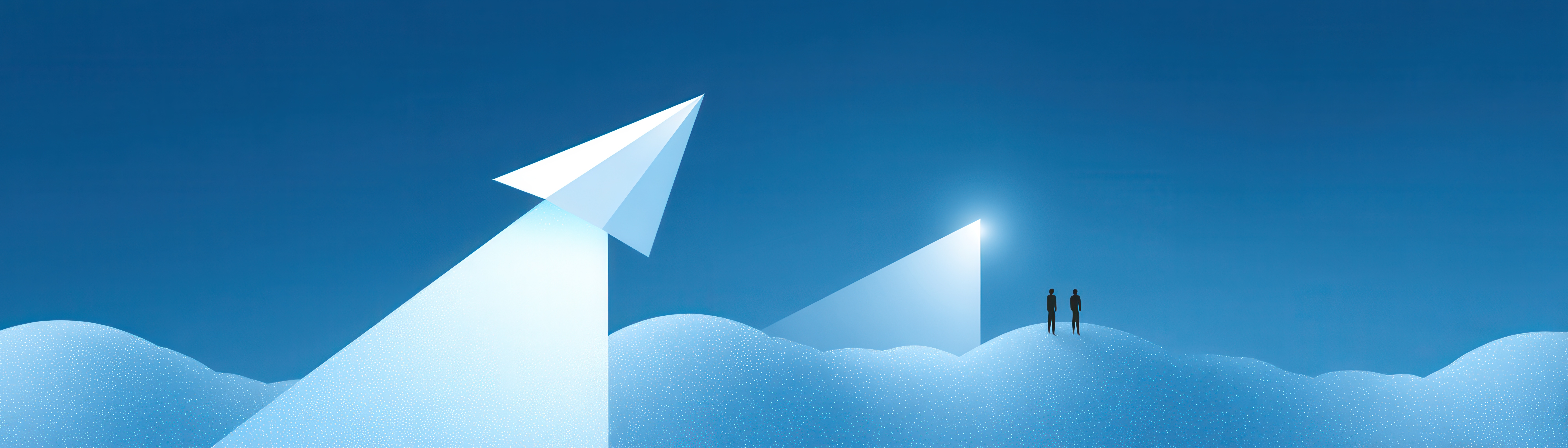 A white paper airplane taking flight on a blue background, symbolizing the elevation of organizational strategy and product cost analytics within the SAP Enterprise Architect role.