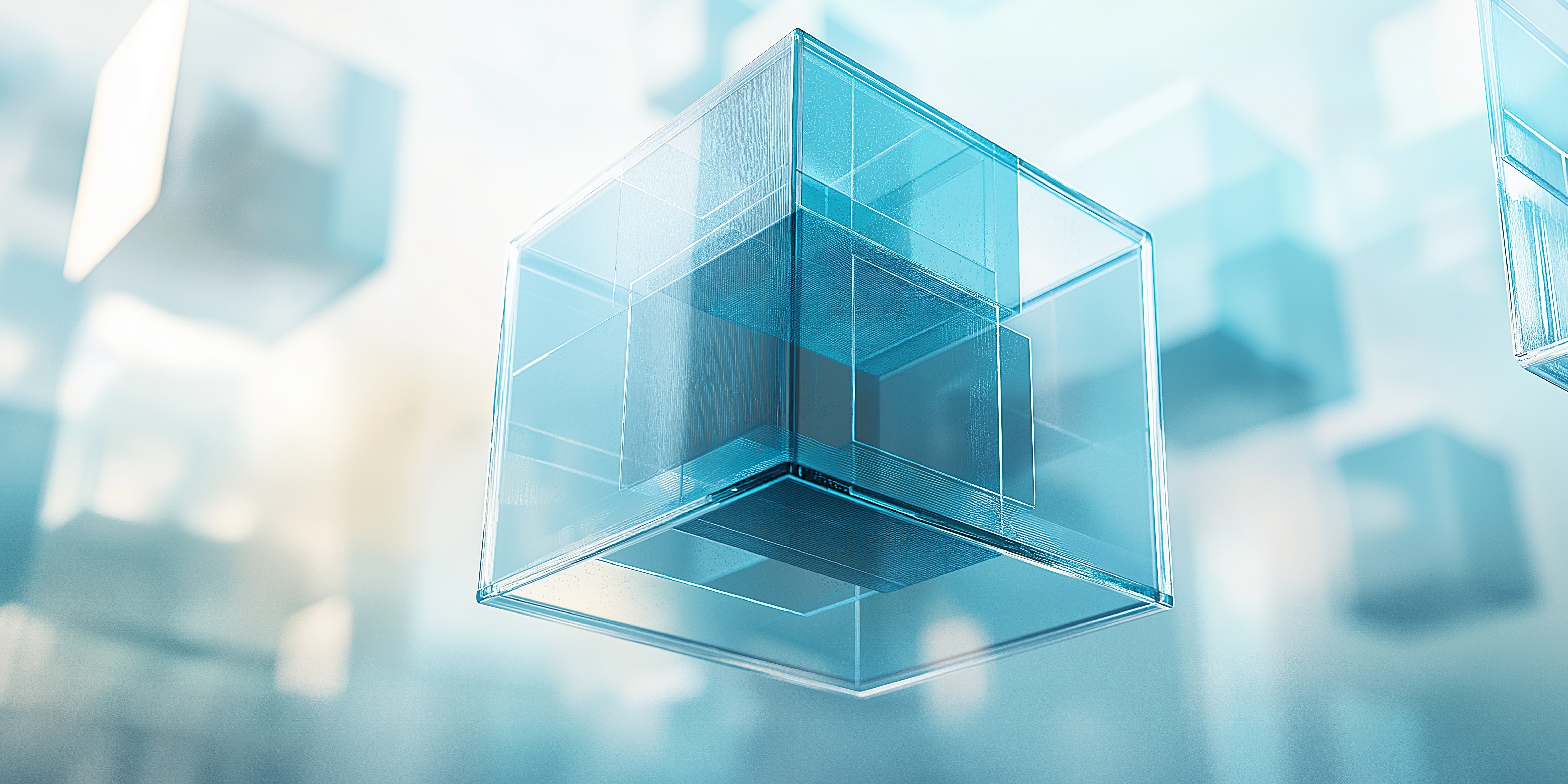 Transparent, nested blue glass cubes with sharp edges, symbolizing the clarity, structural depth, and pinpoint accuracy required for costing precision with SAP S/4HANA.