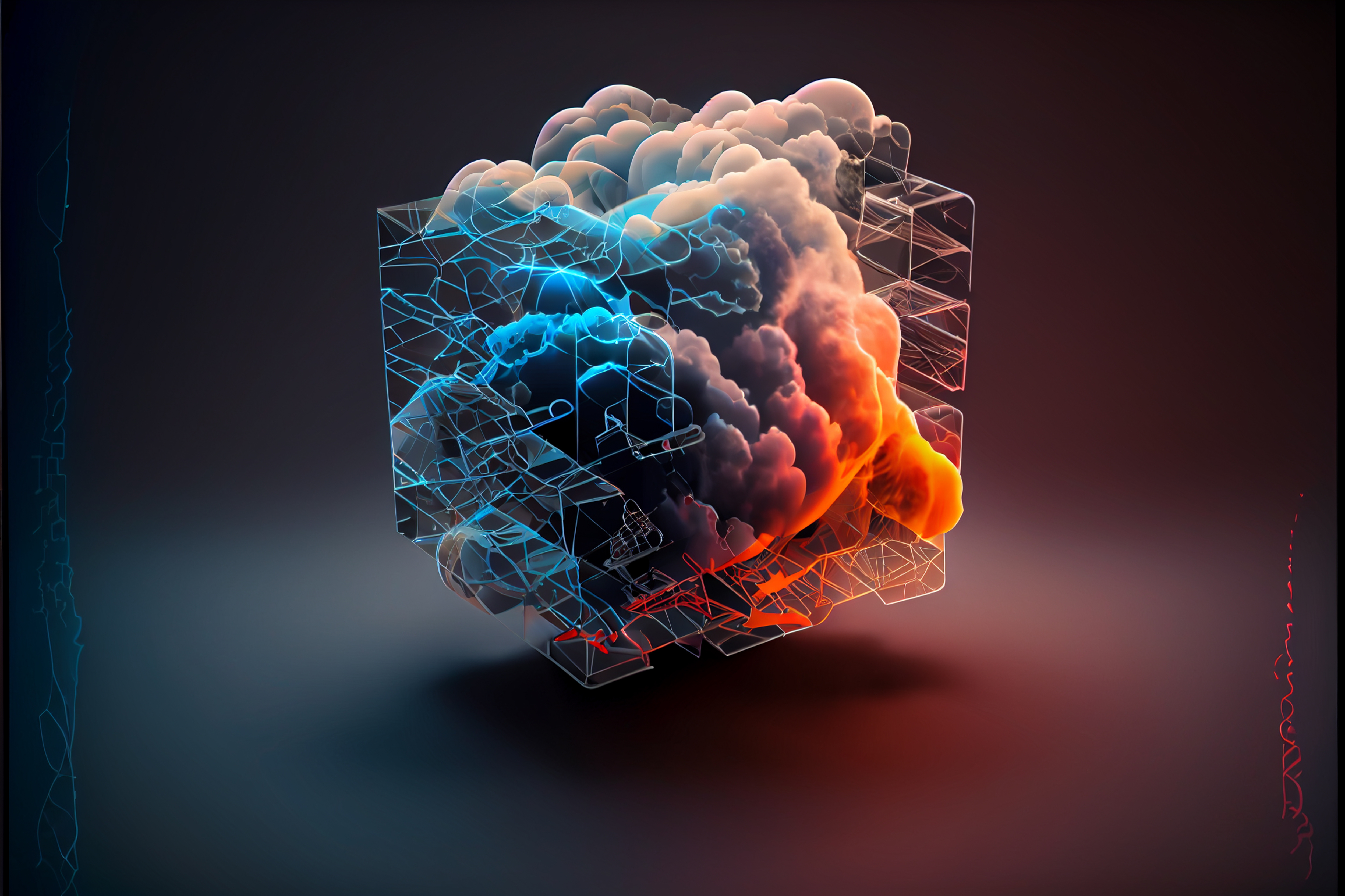 Abstract digital cube containing swirling blue and orange clouds, symbolizing dynamic data processing, SAP analytics, and cloud computing strategy.